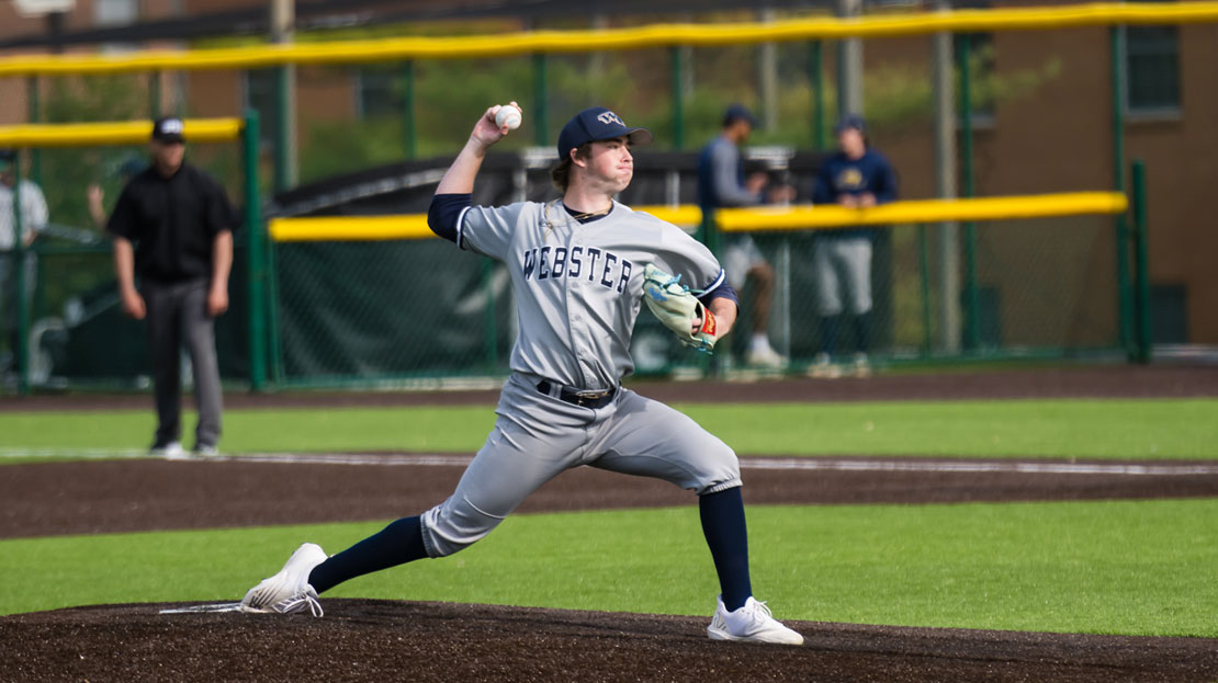 Webster Men's baseball team pitcher throws a pitch.