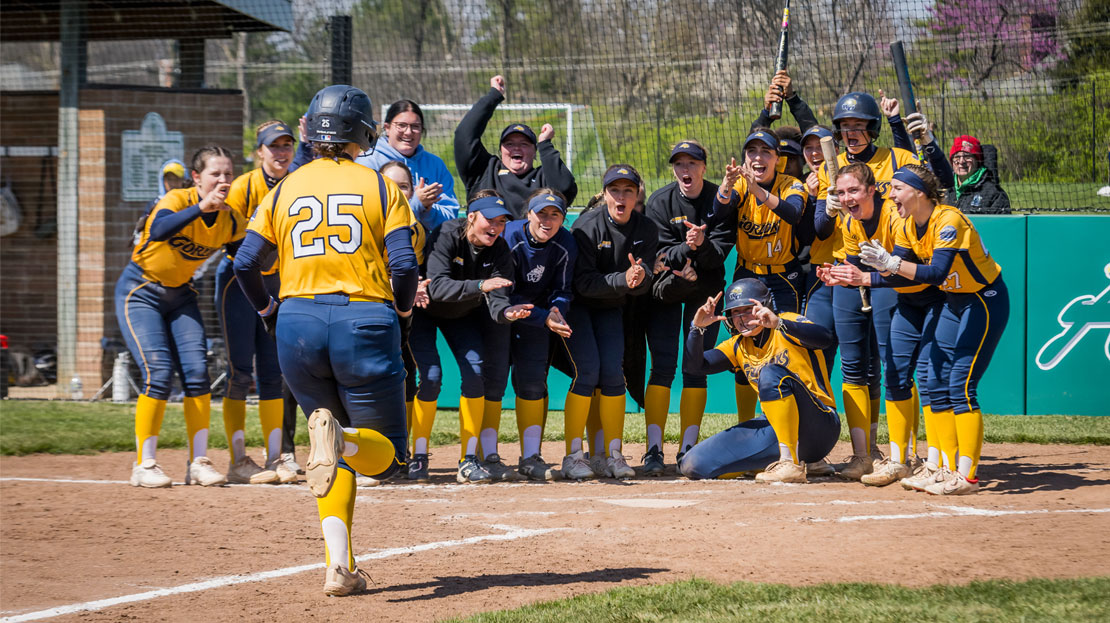 Webster Women's Softball team celebrates on the softball field. 